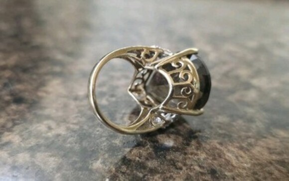 Large Smokey Quartz With Micro Diamond 10k Yellow Gold Cocktail Ring Vintage - Picture 8 of 11